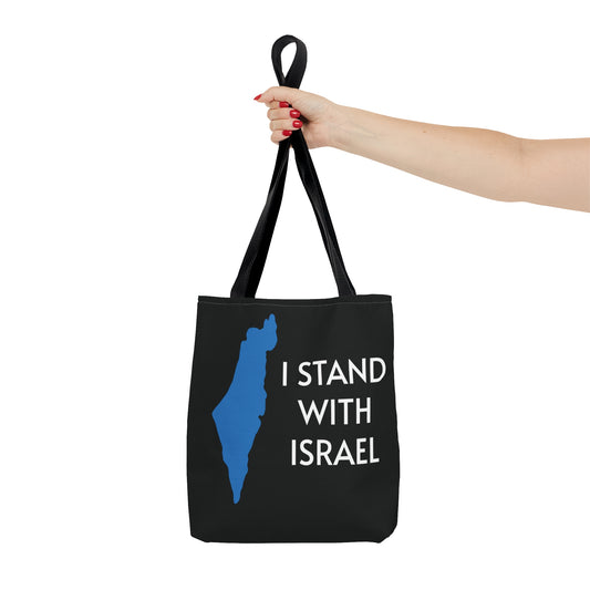 I stand with Israel (White letters) blue map black Tote bag.